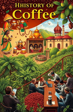 An artistic depiction of the history of coffee, showcasing the journey of coffee beans from their origins in Ethiopia to modern coffee culture