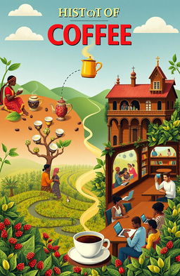 An artistic depiction of the history of coffee, showcasing the journey of coffee beans from their origins in Ethiopia to modern coffee culture