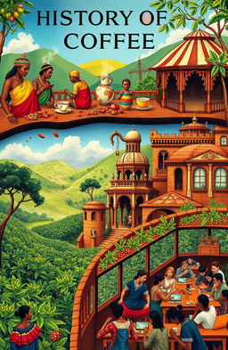 An artistic depiction of the history of coffee, showcasing the journey of coffee beans from their origins in Ethiopia to modern coffee culture