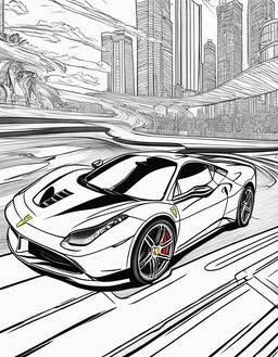 Coloring book page featuring a fast Ferrari in a racing scene.