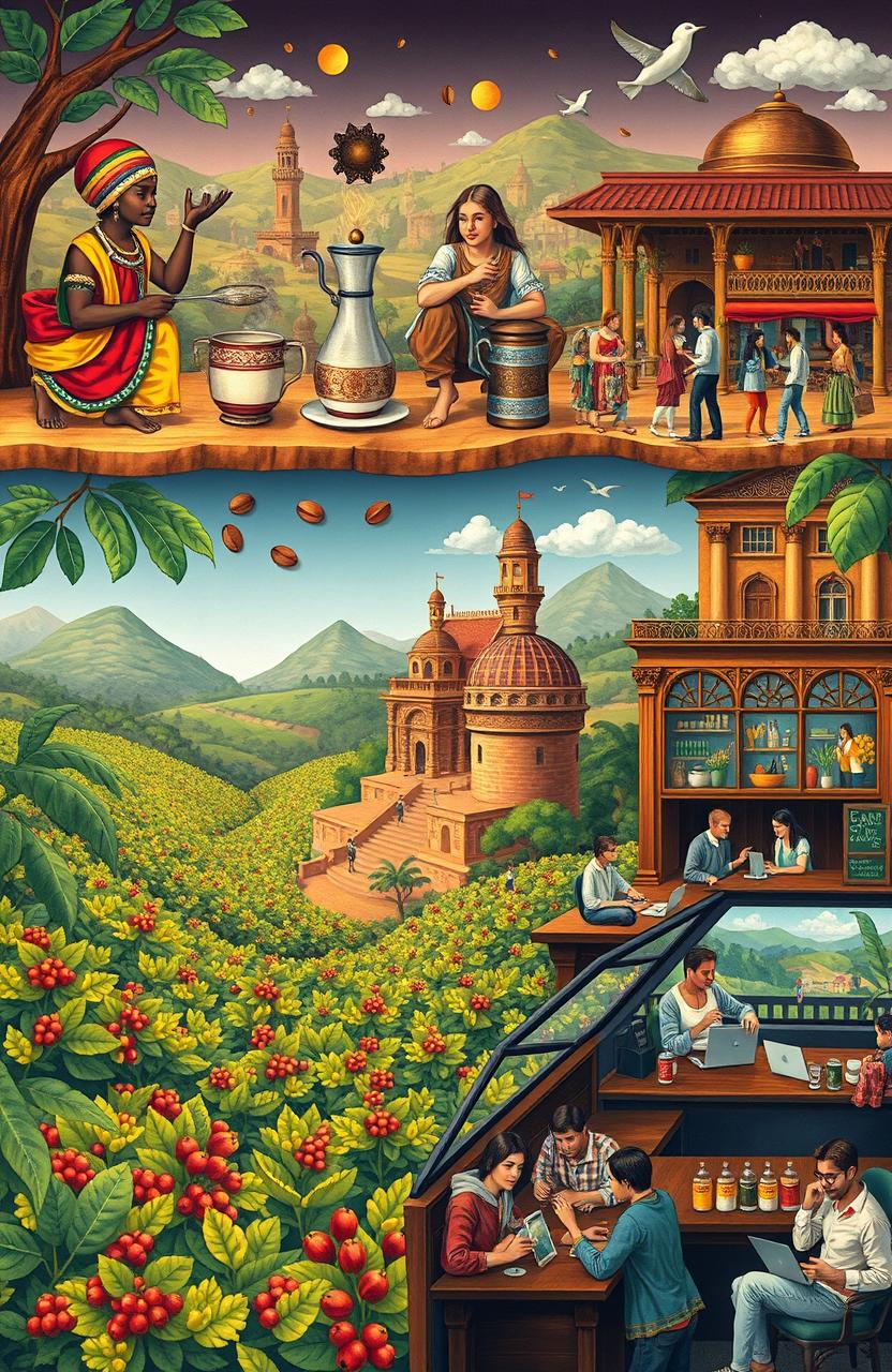 An artistic depiction of the history of coffee, showcasing the journey of coffee beans from their origins in Ethiopia to modern coffee culture