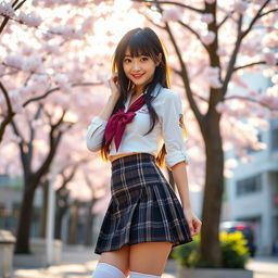 A sexy Japanese schoolgirl wearing a traditional school uniform, which includes a short plaid skirt, a fitted white blouse with rolled-up sleeves, and knee-high socks