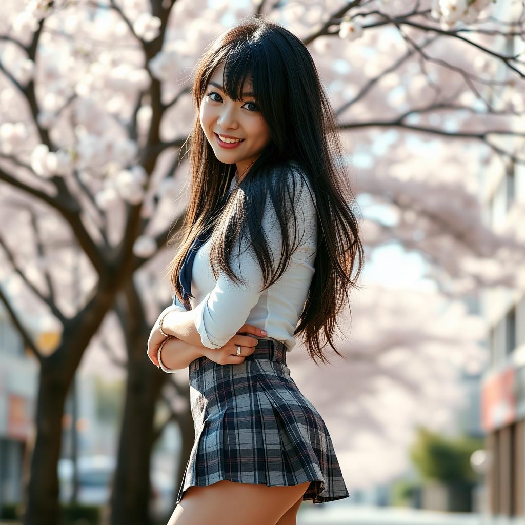 A sexy Japanese schoolgirl wearing a traditional school uniform, which includes a short plaid skirt, a fitted white blouse with rolled-up sleeves, and knee-high socks