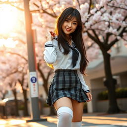 A sexy Japanese schoolgirl wearing a traditional school uniform, which includes a short plaid skirt, a fitted white blouse with rolled-up sleeves, and knee-high socks
