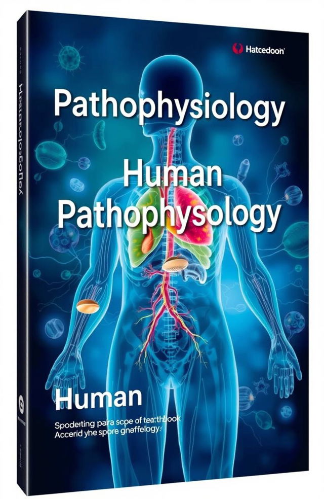 A visually striking cover page for a textbook on human pathophysiology, featuring an artistic and abstract representation of the human body's systems, showcasing intricate details of anatomy and pathology