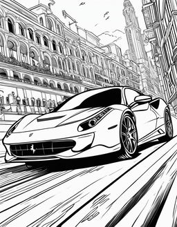 Coloring book page featuring a fast Ferrari in a racing scene.