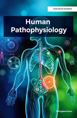 A visually striking cover page for a textbook on human pathophysiology, featuring an artistic and abstract representation of the human body's systems, showcasing intricate details of anatomy and pathology
