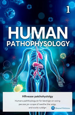 A visually striking cover page for a textbook on human pathophysiology, featuring an artistic and abstract representation of the human body's systems, showcasing intricate details of anatomy and pathology