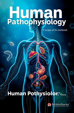 A visually striking cover page for a textbook on human pathophysiology, featuring an artistic and abstract representation of the human body's systems, showcasing intricate details of anatomy and pathology