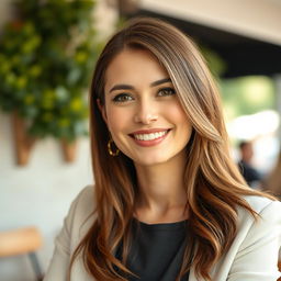 A charming woman aged 30-35 with Western features, well-groomed, and dressed neatly