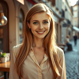 A woman aged 30-35 with a natural Slavic appearance, featuring long light chestnut hair styled neatly, and expressive light brown eyes