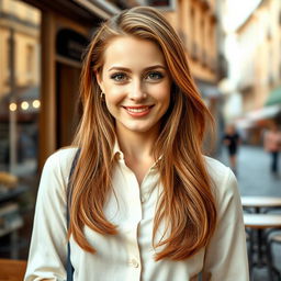 A woman aged 30-35 with a natural Slavic appearance, featuring long light chestnut hair styled neatly, and expressive light brown eyes