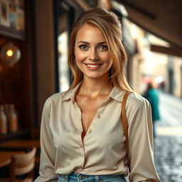 A woman aged 30-35 with a natural Slavic appearance, featuring long light chestnut hair styled neatly, and expressive light brown eyes