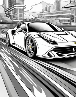 Coloring book page featuring a fast Ferrari in a racing scene.