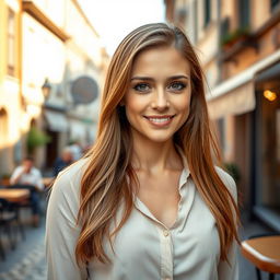 A woman aged 30-35 with a natural Slavic appearance, featuring long light chestnut hair styled neatly, and expressive light brown eyes