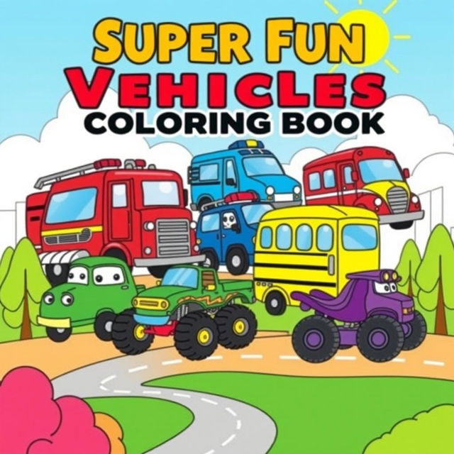 A colorful and engaging cover design for a vehicles coloring book for kids, featuring a variety of fun and cartoonish vehicles including a bright red fire truck, a friendly blue police car, a cheerful yellow school bus, a speedy green race car, and a whimsical purple monster truck, all set against a sunny sky with fluffy white clouds