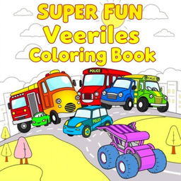 A colorful and engaging cover design for a vehicles coloring book for kids, featuring a variety of fun and cartoonish vehicles including a bright red fire truck, a friendly blue police car, a cheerful yellow school bus, a speedy green race car, and a whimsical purple monster truck, all set against a sunny sky with fluffy white clouds