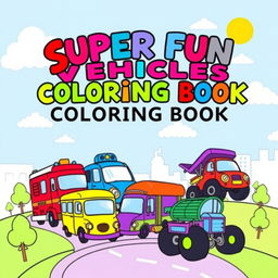 A colorful and engaging cover design for a vehicles coloring book for kids, featuring a variety of fun and cartoonish vehicles including a bright red fire truck, a friendly blue police car, a cheerful yellow school bus, a speedy green race car, and a whimsical purple monster truck, all set against a sunny sky with fluffy white clouds