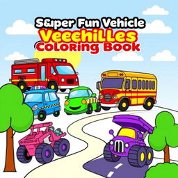 A colorful and engaging cover design for a vehicles coloring book for kids, featuring a variety of fun and cartoonish vehicles including a bright red fire truck, a friendly blue police car, a cheerful yellow school bus, a speedy green race car, and a whimsical purple monster truck, all set against a sunny sky with fluffy white clouds