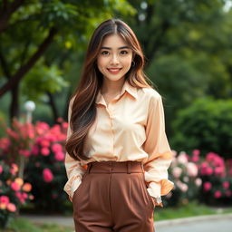 A smartphone wallpaper image of a 32-year-old Asian woman with long, well-groomed hair styled loosely, captured as if by a professional photographer