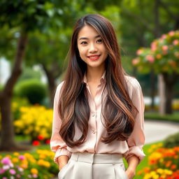 A smartphone wallpaper image of a 32-year-old Asian woman with long, well-groomed hair styled loosely, captured as if by a professional photographer