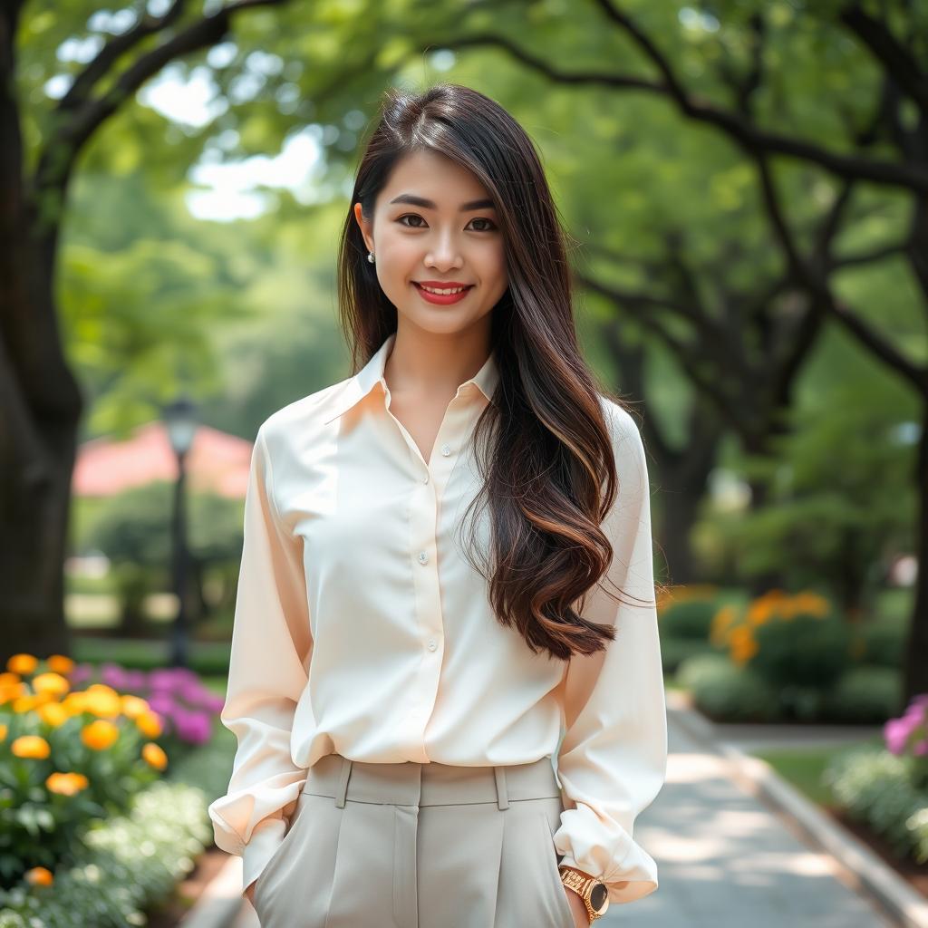 A smartphone wallpaper image of a 32-year-old Asian woman with long, well-groomed hair styled loosely, captured as if by a professional photographer