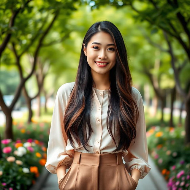 A smartphone wallpaper image of a 32-year-old Asian woman with long, well-groomed hair styled loosely, captured as if by a professional photographer