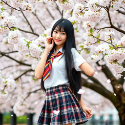 A sexy Japanese schoolgirl wearing a traditional school uniform, complete with a plaid skirt, white blouse, and a colorful necktie