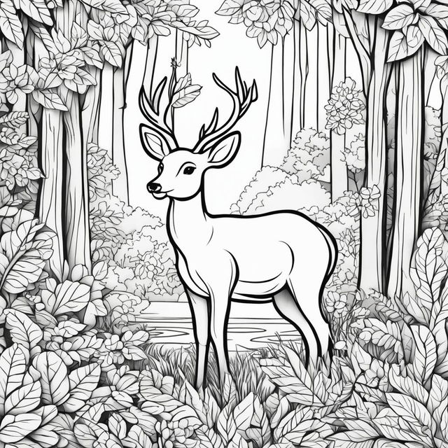 Black and white colouring book page featuring an adorable deer in a forest setting.