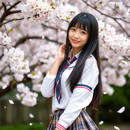A sexy Japanese schoolgirl wearing a traditional school uniform, complete with a plaid skirt, white blouse, and a colorful necktie