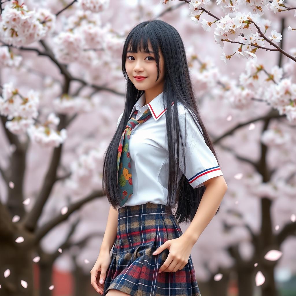 A sexy Japanese schoolgirl wearing a traditional school uniform, complete with a plaid skirt, white blouse, and a colorful necktie