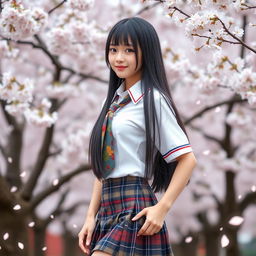 A sexy Japanese schoolgirl wearing a traditional school uniform, complete with a plaid skirt, white blouse, and a colorful necktie