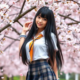 A sexy Japanese schoolgirl wearing a traditional school uniform, complete with a plaid skirt, white blouse, and a colorful necktie