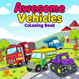 A vibrant and captivating cover design for a vehicles coloring book aimed at kids, showcasing a delightful variety of whimsical vehicles such as a smiling red fire truck, a cheerful blue police car, a playful yellow school bus, a speedy green race car, and an adorable purple monster truck