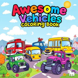 A vibrant and captivating cover design for a vehicles coloring book aimed at kids, showcasing a delightful variety of whimsical vehicles such as a smiling red fire truck, a cheerful blue police car, a playful yellow school bus, a speedy green race car, and an adorable purple monster truck