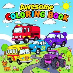 A vibrant and captivating cover design for a vehicles coloring book aimed at kids, showcasing a delightful variety of whimsical vehicles such as a smiling red fire truck, a cheerful blue police car, a playful yellow school bus, a speedy green race car, and an adorable purple monster truck