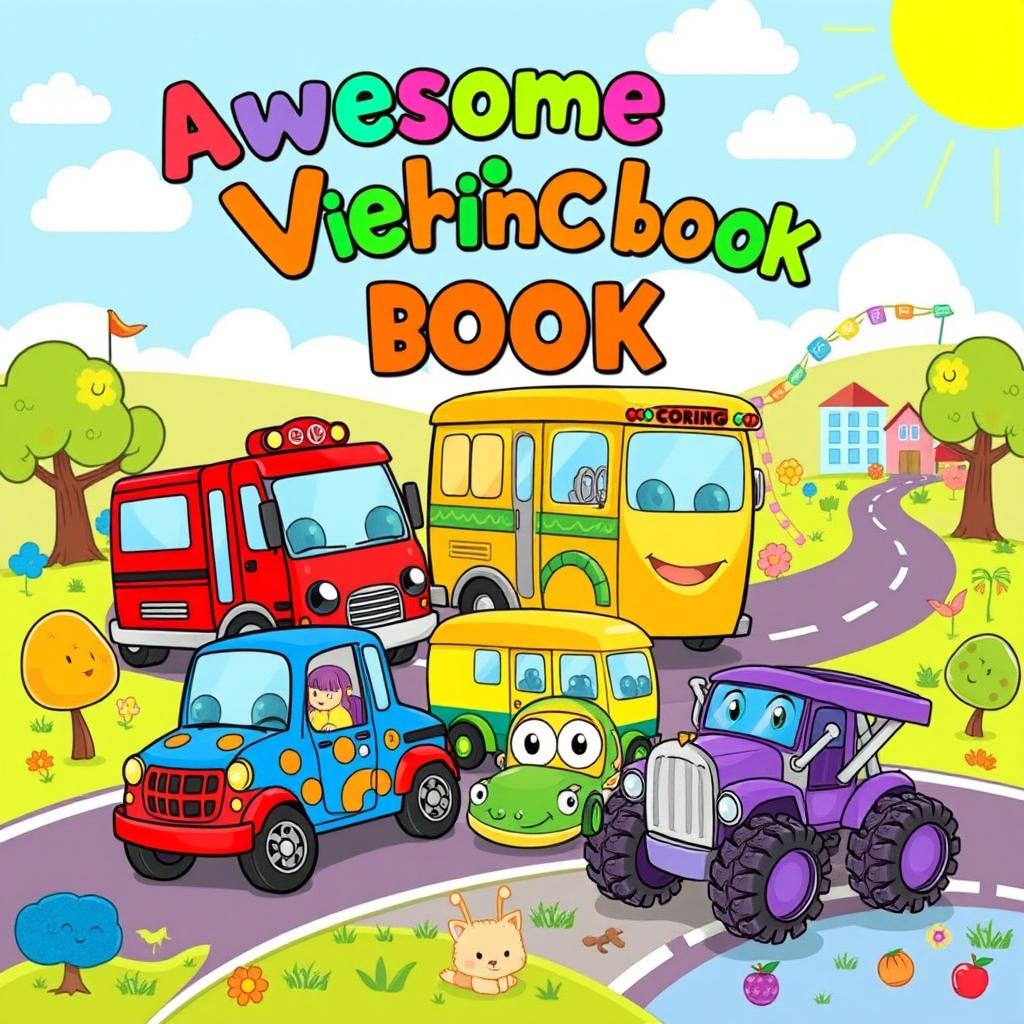 A vibrant and captivating cover design for a vehicles coloring book aimed at kids, showcasing a delightful variety of whimsical vehicles such as a smiling red fire truck, a cheerful blue police car, a playful yellow school bus, a speedy green race car, and an adorable purple monster truck