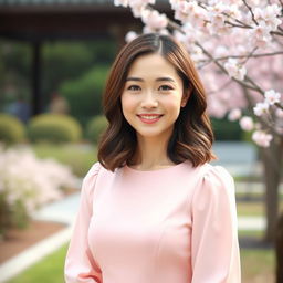 A smartphone wallpaper image of a 35-year-old Asian woman with shoulder-length hair styled in soft waves, captured as if by a professional photographer