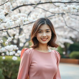 A smartphone wallpaper image of a 35-year-old Asian woman with shoulder-length hair styled in soft waves, captured as if by a professional photographer