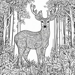 Black and white colouring book page featuring an adorable deer in a forest setting.