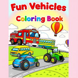 A vibrant and engaging cover design for a children's coloring book featuring various fun vehicles