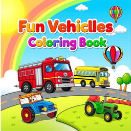 A vibrant and engaging cover design for a children's coloring book featuring various fun vehicles