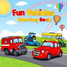 A vibrant and engaging cover design for a children's coloring book featuring various fun vehicles