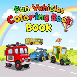 A vibrant and engaging cover design for a children's coloring book featuring various fun vehicles