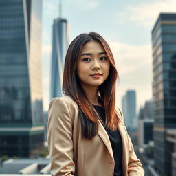 A smartphone wallpaper image of a 30-year-old Asian woman with long straight hair styled into a chic bob, captured as if by a professional photographer