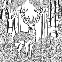 Black and white colouring book page featuring an adorable deer in a forest setting.