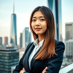 A smartphone wallpaper image of a 30-year-old Asian woman with long straight hair styled into a chic bob, captured as if by a professional photographer