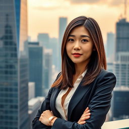 A smartphone wallpaper image of a 30-year-old Asian woman with long straight hair styled into a chic bob, captured as if by a professional photographer