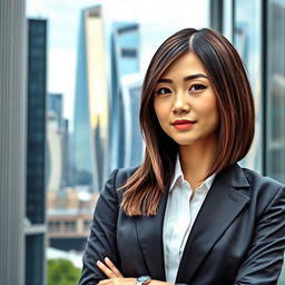 A smartphone wallpaper image of a 30-year-old Asian woman with long straight hair styled into a chic bob, captured as if by a professional photographer