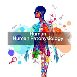 An attractive cover page for a textbook on human pathophysiology, featuring an intricate anatomical illustration of the human body overlaid with vibrant colors and abstract patterns representing various diseases and conditions